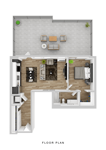 Floor Plan  A floor plan of a house with a living room, kitchen, and two bedrooms.