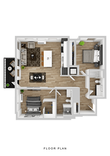 Floor Plan  A floor plan of a house with a living room, kitchen, dining room, and two bedrooms.