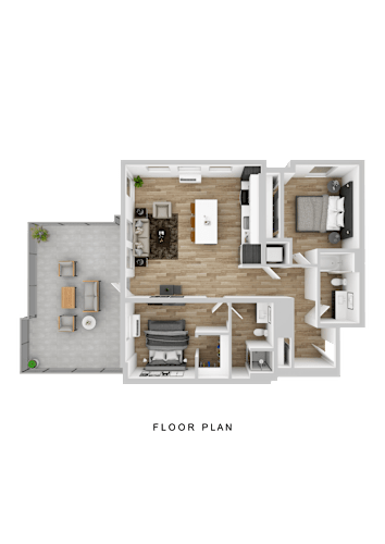 Floor Plan  A floor plan of a house with a living room, kitchen, dining area, and two bedrooms.