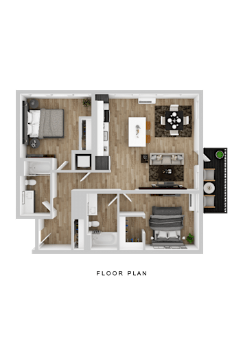 Floor Plan  A floor plan of a house with a kitchen, living room, and two bedrooms.
