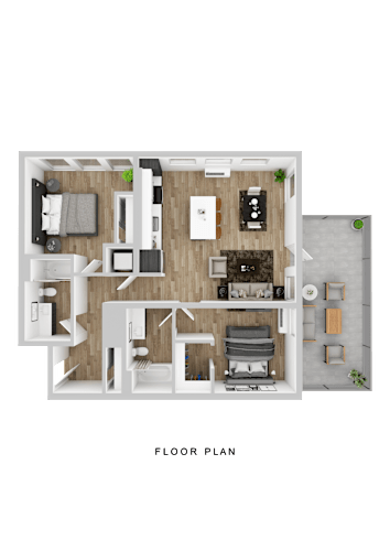 Floor Plan  A floor plan of a house with a kitchen, living room, dining room, and two bedrooms.