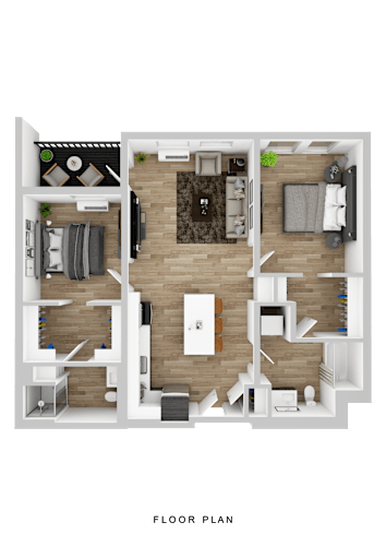 Floor Plan  A floor plan of a house with a living room, kitchen, and two bedrooms.