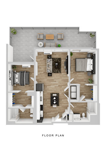 Floor Plan  A floor plan of a small apartment with a kitchen, living room, and bedrooms.