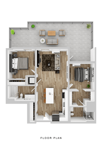 Floor Plan  A floor plan of a house with a living room, kitchen, and two bedrooms.