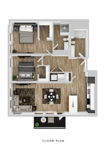 Floor Plan  A floor plan of a house with a kitchen, living room, and two bedrooms.