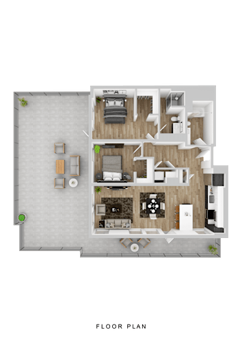 Floor Plan  A floor plan of a house with a living room, kitchen, and two bedrooms.