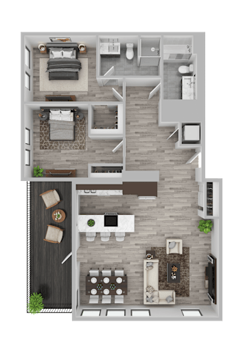 Floor Plan  A top-down view of a modern apartment layout with a kitchen, living room, dining area, and bedrooms.