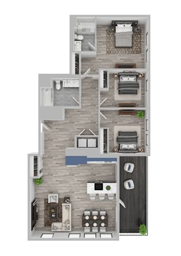 Floor Plan  A top-down view of a house layout with a living room, kitchen, dining area, and bedrooms.