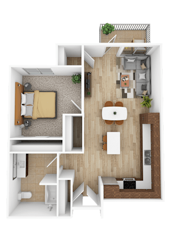 Floor Plan  A top-down view of a small apartment with a bedroom, living room, and kitchen.