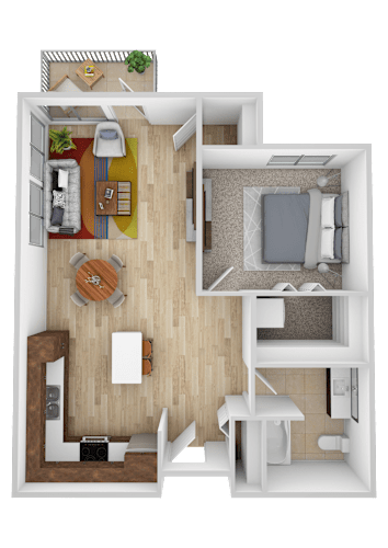 Floor Plan  A top-down view of a small apartment with a kitchen, living room, and bathroom.