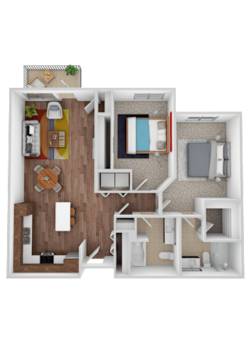 Floor Plan  A 3D floor plan of a house with a kitchen, living room, dining room, and bedrooms.