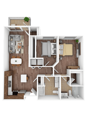 Floor Plan  A 3D floor plan of a small apartment with a kitchen, living room, and bedrooms.