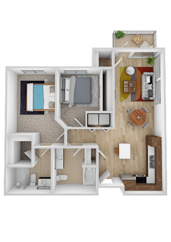 Floor Plan  A top-down view of a house layout with a kitchen, living room, and bedrooms.