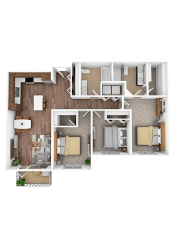 Floor Plan  A top-down view of a house layout with a kitchen, living room, and two bedrooms.