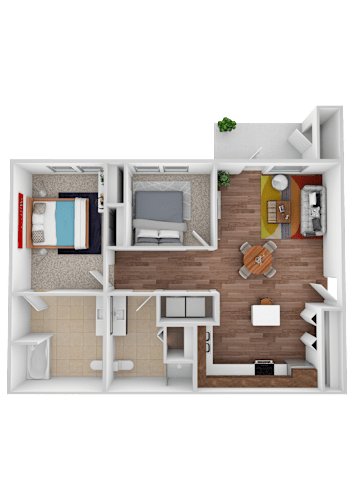 Floor Plan  A top-down view of a small apartment with a bedroom, living room, and kitchen.