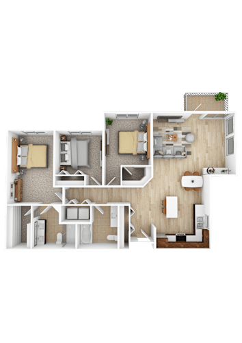 Floor Plan  A floor plan of a house with two bedrooms, a living room, a kitchen, and a bathroom.