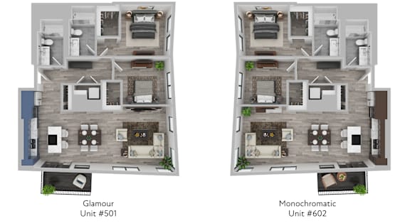 Floor Plan  Two images of apartment layouts, one labeled Glamour Unit #501 and the other Monochromatic Unit #602.