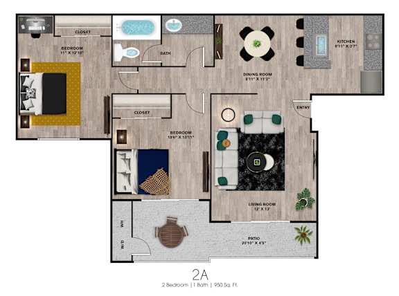 Floor Plan  A floor plan of a 2 bedroom apartment with a living room, dining room, kitchen, bathroom and closet.