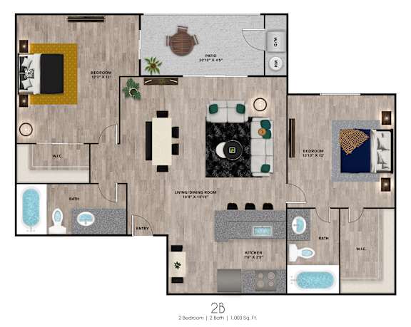 Floor Plan  A 2 bedroom apartment is 1,003 square feet.