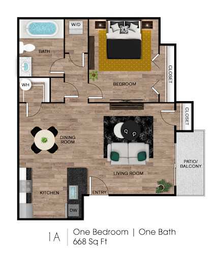 Floor Plan  A floor plan of a one bedroom apartment with one bath.