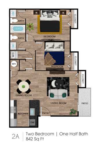 Floor Plan  A floor plan of a 2A apartment with two bedrooms and one half bath.