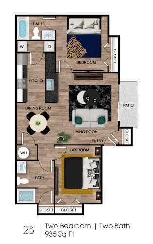 Floor Plan  A floor plan of a 2 bedroom, two bath house.
