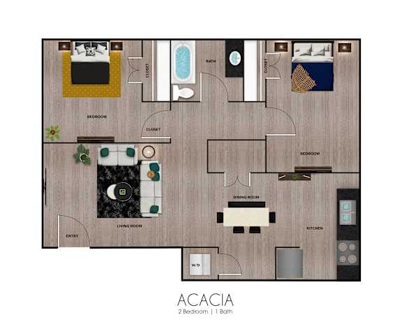 Floor Plan  A floor plan of a two bedroom apartment with one bathroom.