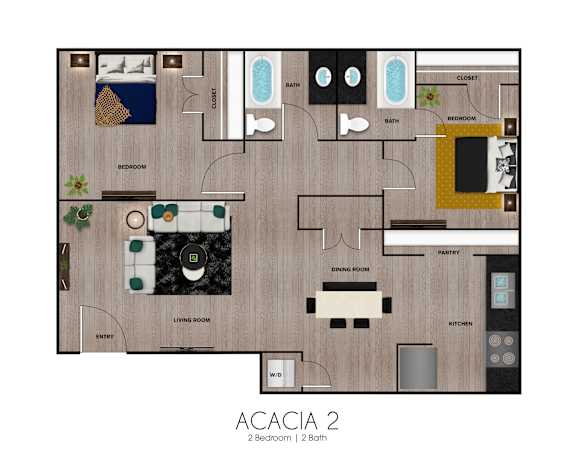 Floor Plan  A floor plan of a two bedroom apartment with two bathrooms.