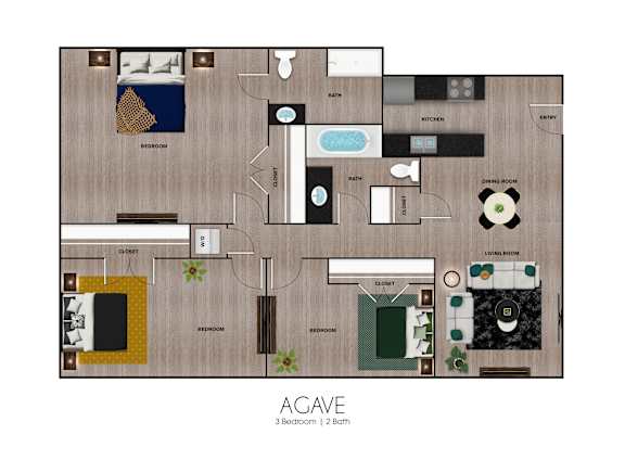 Floor Plan  A floor plan of a 3 bedroom apartment with 2 bathrooms.