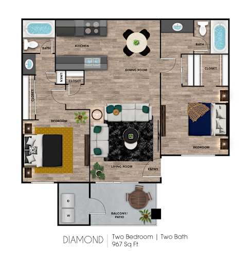 Floor Plan  A floor plan of a two bedroom, two bath apartment.