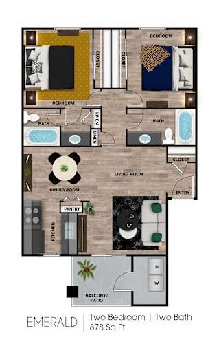 Floor Plan  A floor plan of a two bedroom apartment with two bathrooms.