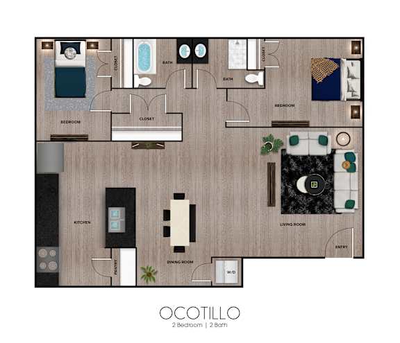 Floor Plan  A floor plan of a two bedroom, two bathroom apartment.