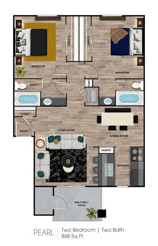 Floor Plan  A floor plan of a two bedroom, two bath apartment.