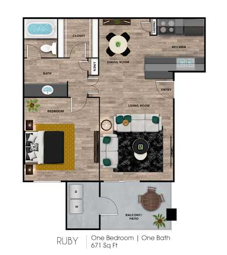 Floor Plan  A floor plan of a one bedroom apartment with one bath.