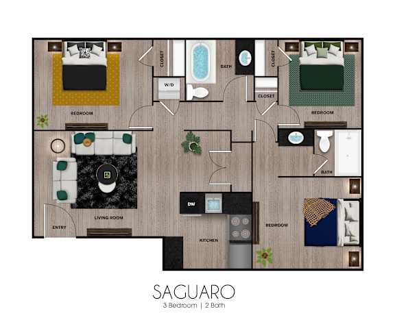 Floor Plan  A floor plan of a Saguaro apartment with 3 bedrooms and 2 baths.