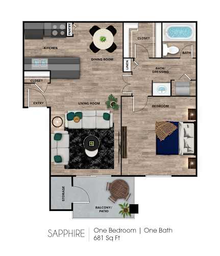 Floor Plan  A floor plan of a one bedroom apartment with one bath.