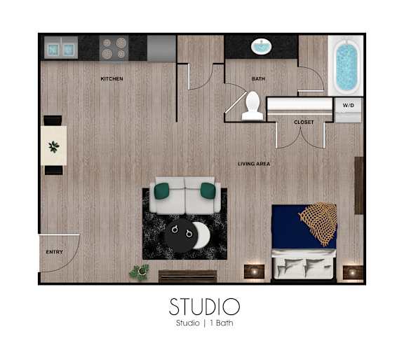 Floor Plan  A floor plan of a studio apartment with a living area, kitchen, and bathroom.