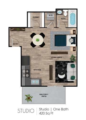 Floor Plan  A floor plan of a studio apartment with a living area, kitchen, bathroom, and balcony.