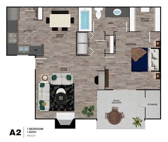 Floor Plan  A 1 bedroom apartment with a bathroom, kitchen, dining room, living room, and patio.