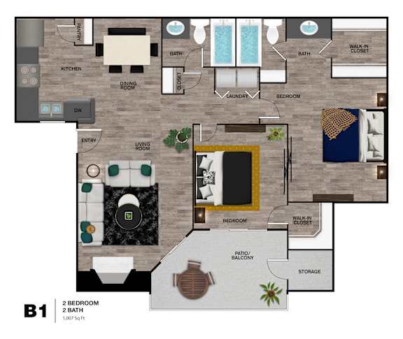 Floor Plan  A floor plan of a one bedroom apartment with a balcony.