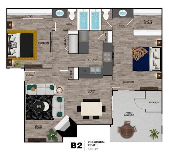 Floor Plan  A floor plan of a B2 apartment with 2 bedrooms and 2 bathrooms.