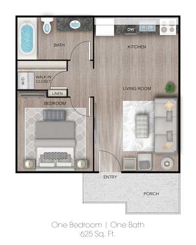 Floor Plan  A floor plan of a one bedroom apartment with one bath.