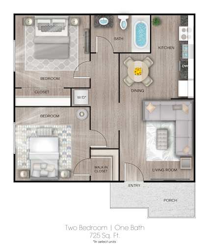 Floor Plan  A floor plan of a two bedroom apartment with one bathroom.