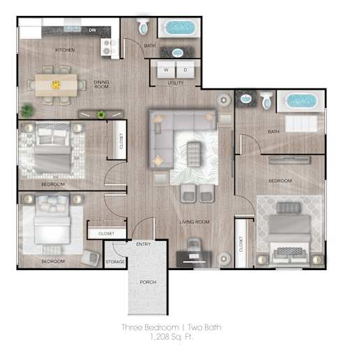 Floor Plan  A floor plan of a three bedroom apartment with two bathrooms.