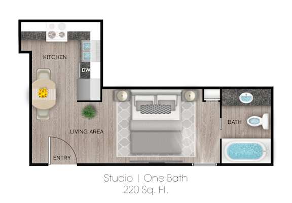 Floor Plan  A floor plan of a studio apartment with one bath and a living area.