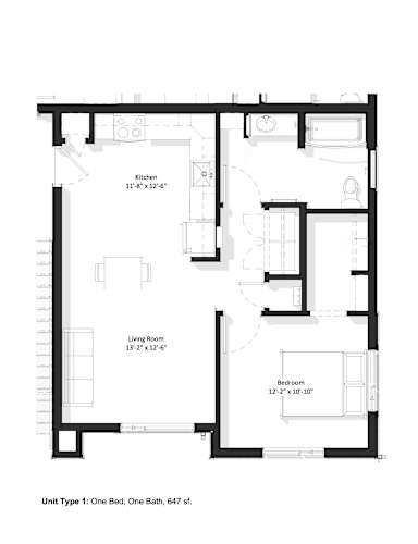 Floor Plan  A black and white image of a floor plan for a one bedroom apartment.