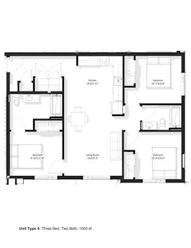 Floor Plan  A black and white image of a floor plan for a three bedroom, two bathroom apartment.