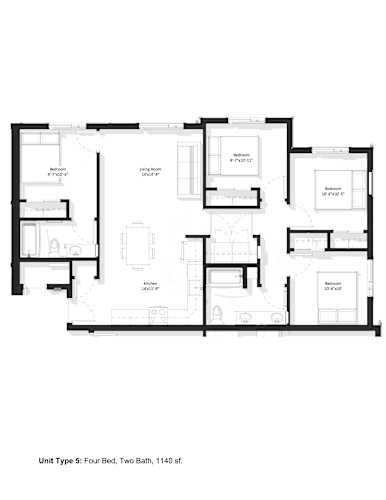Floor Plan  A floor plan of a residential unit with four bedrooms and two bathrooms.