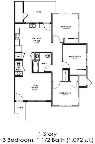 Floor Plan  A floor plan of a 1 story 3 bedroom house with 1 1/2 baths.
