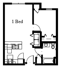 Floor Plan  a floor plan of a one bedroom unit